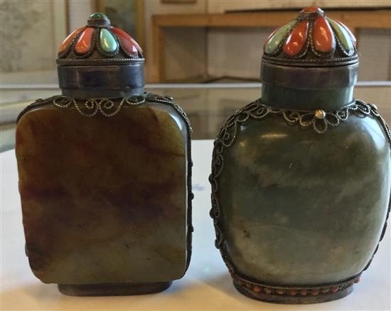 Two Tibetan style mounted jade snuff bottles, 1880-1920, 7.8cm incl. stopper